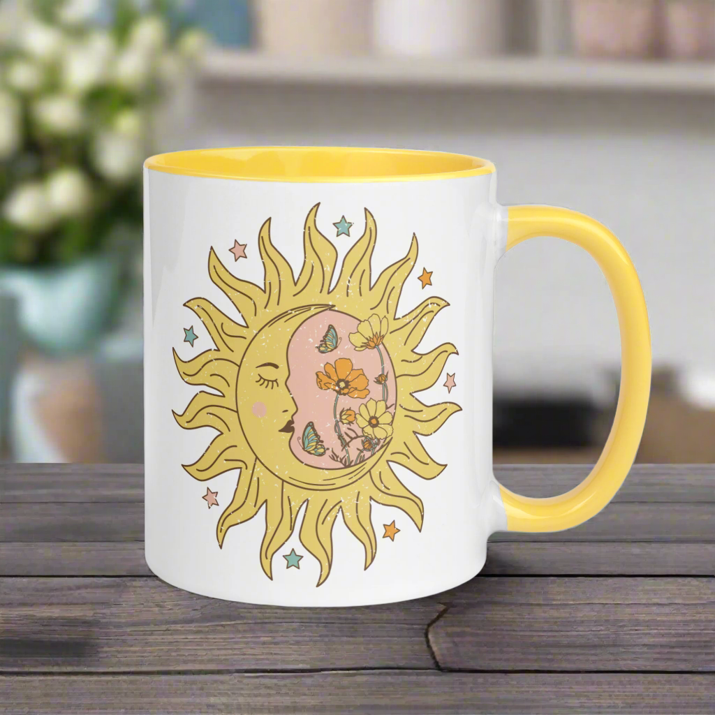 Celestial Sun Moon Yellow Lined Glossy Mug
