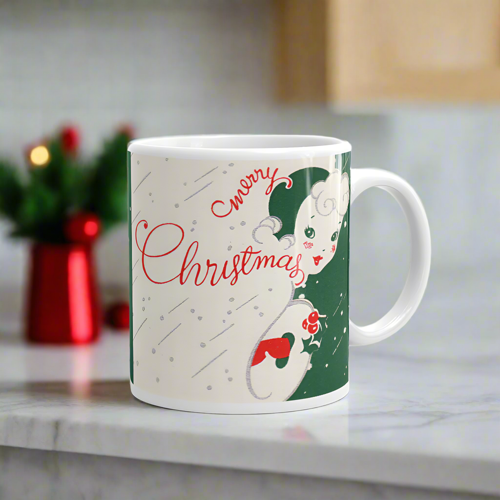Merry Christmas Lady Mid Century Retro Christmas Print Glossy Mug