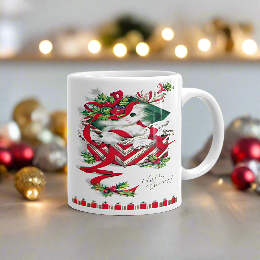 Christmas Kitten Hello There! Midcentury Retro Glossy Coffee Mug