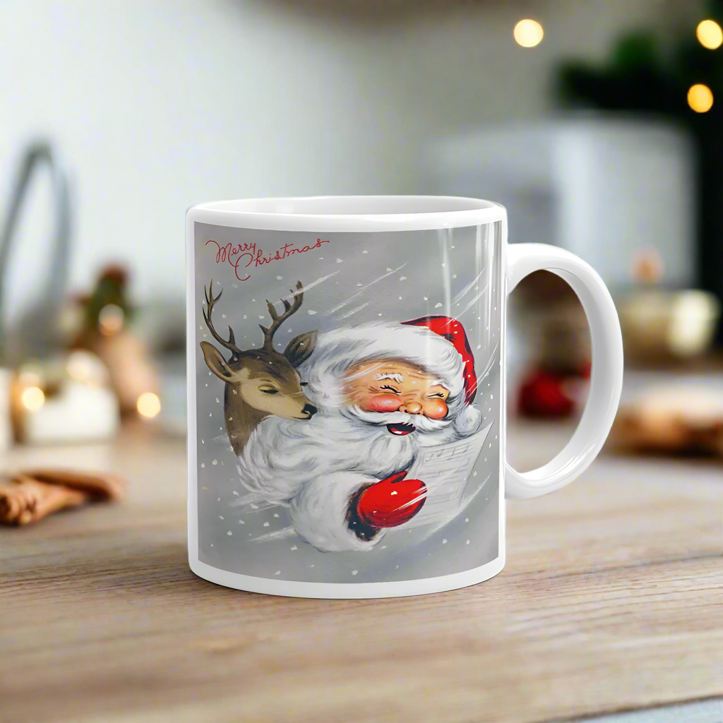 Santa With Reindeer Merry Christmas Midcentury Retro Glossy Coffee Mug