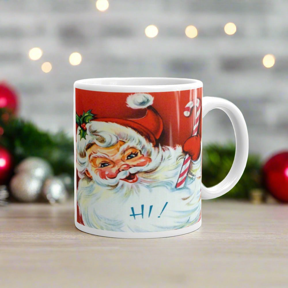Hi! Santa Christmas Mug Mid Century Retro Christmas Print Glossy Mug