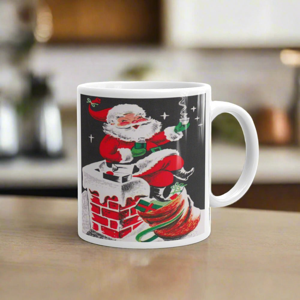 Santa On Chimney Mid Century Retro Christmas Print Glossy Mug