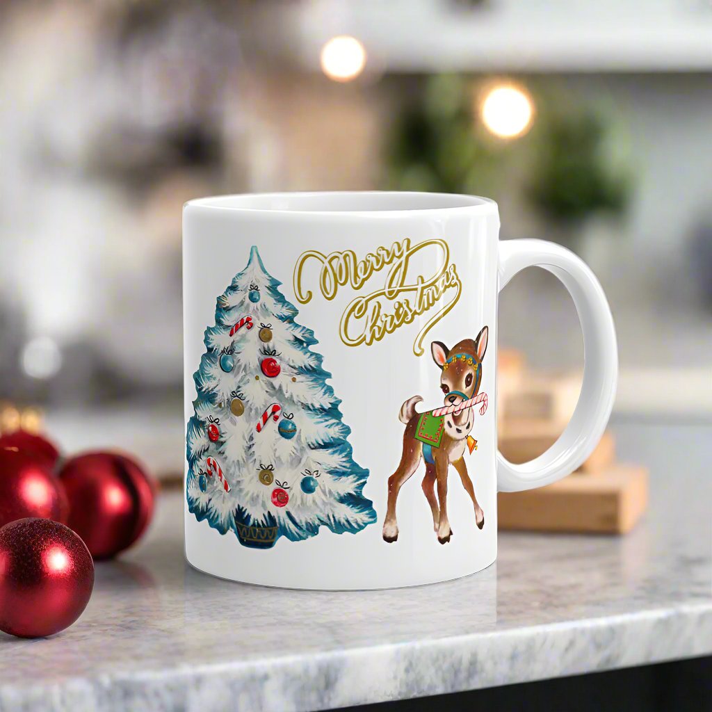 Merry Christmas Reindeer Tree Mid Century Retro Christmas Print Glossy Mug