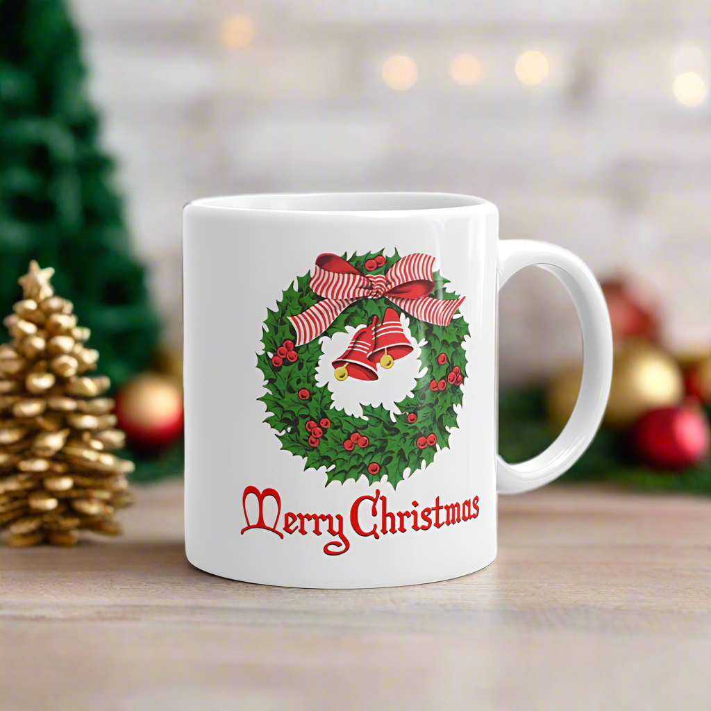 Vintage Style Merry Christmas Wreath Mid Century Retro Christmas Print Glossy Mug