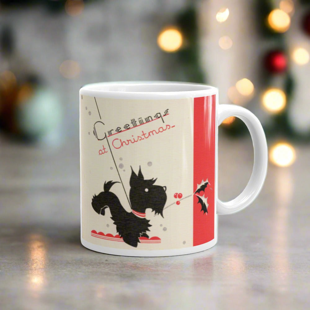 Greetings At Christmas Black Scottie Midcentury Christmas Coffee Mug
