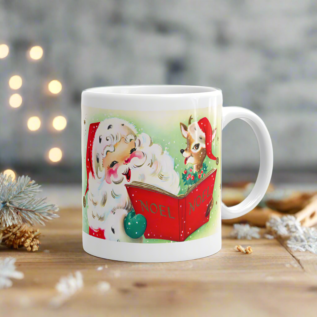 Santa Reindeer Noel Book Retro Christmas Glossy Coffee Mug