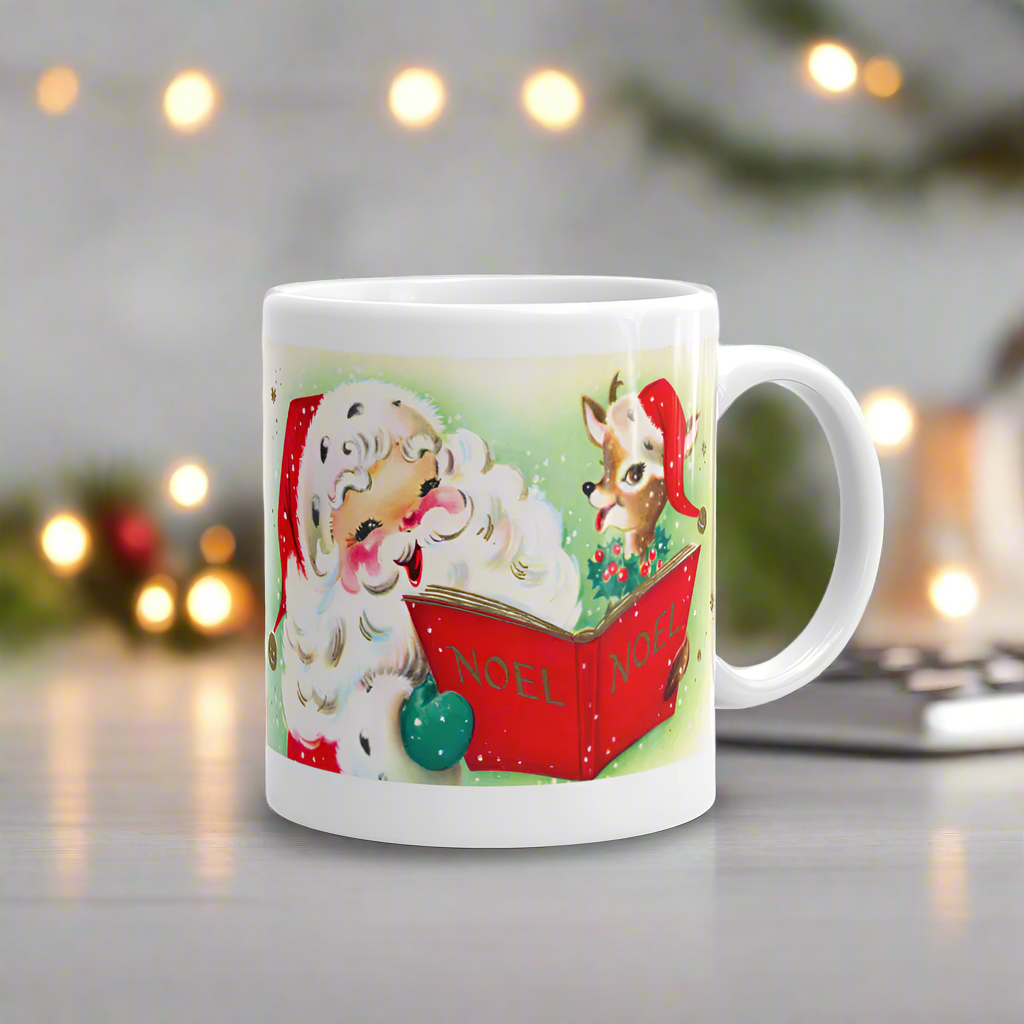 Santa Reindeer Noel Book Retro Christmas Glossy Coffee Mug