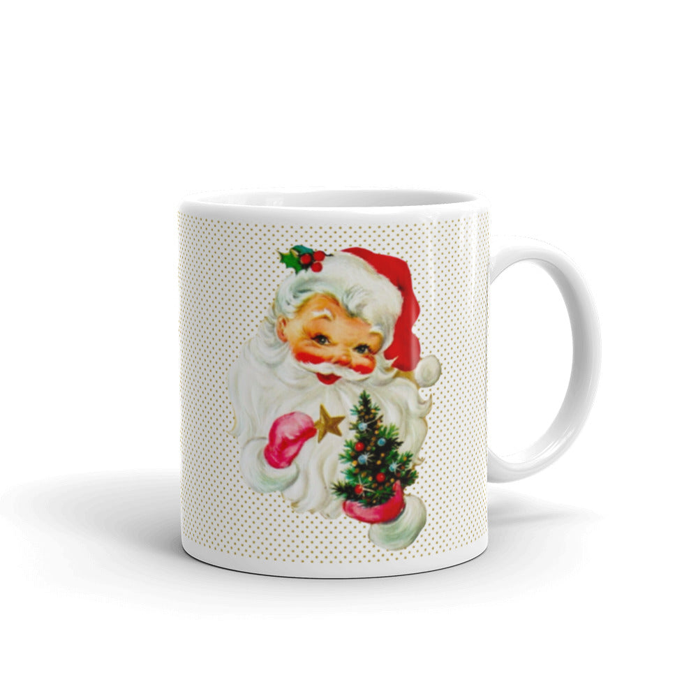 Santa With Tree Mid Century Retro Christmas Print Glossy Mug