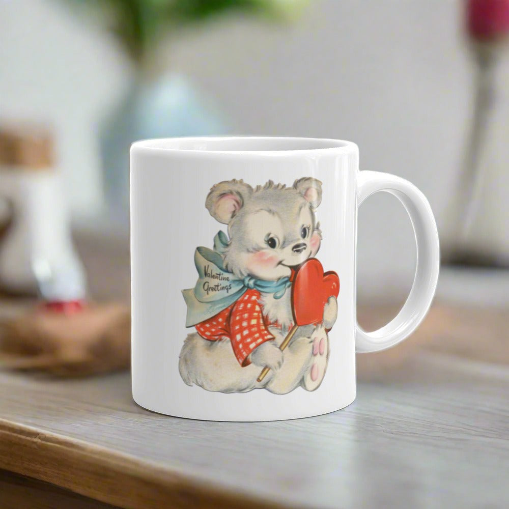 Valentine's Greetings Cute White Bear Heart Retro Midcentury Coffee Mug