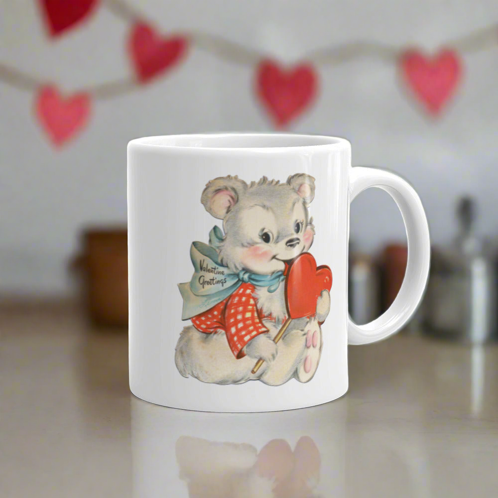 Valentine's Greetings Cute White Bear Heart Retro Midcentury Coffee Mug