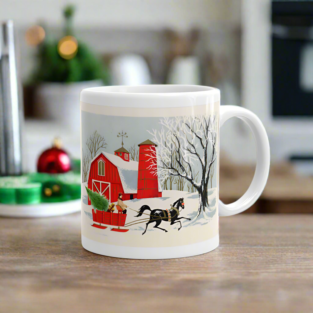 Country Barn Sleigh Ride Retro Christmas Glossy Coffee Mug