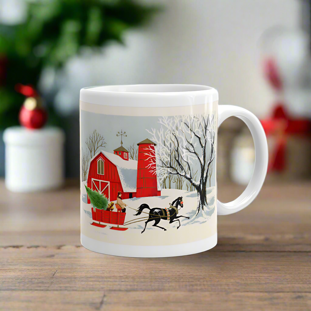 Country Barn Sleigh Ride Retro Christmas Glossy Coffee Mug