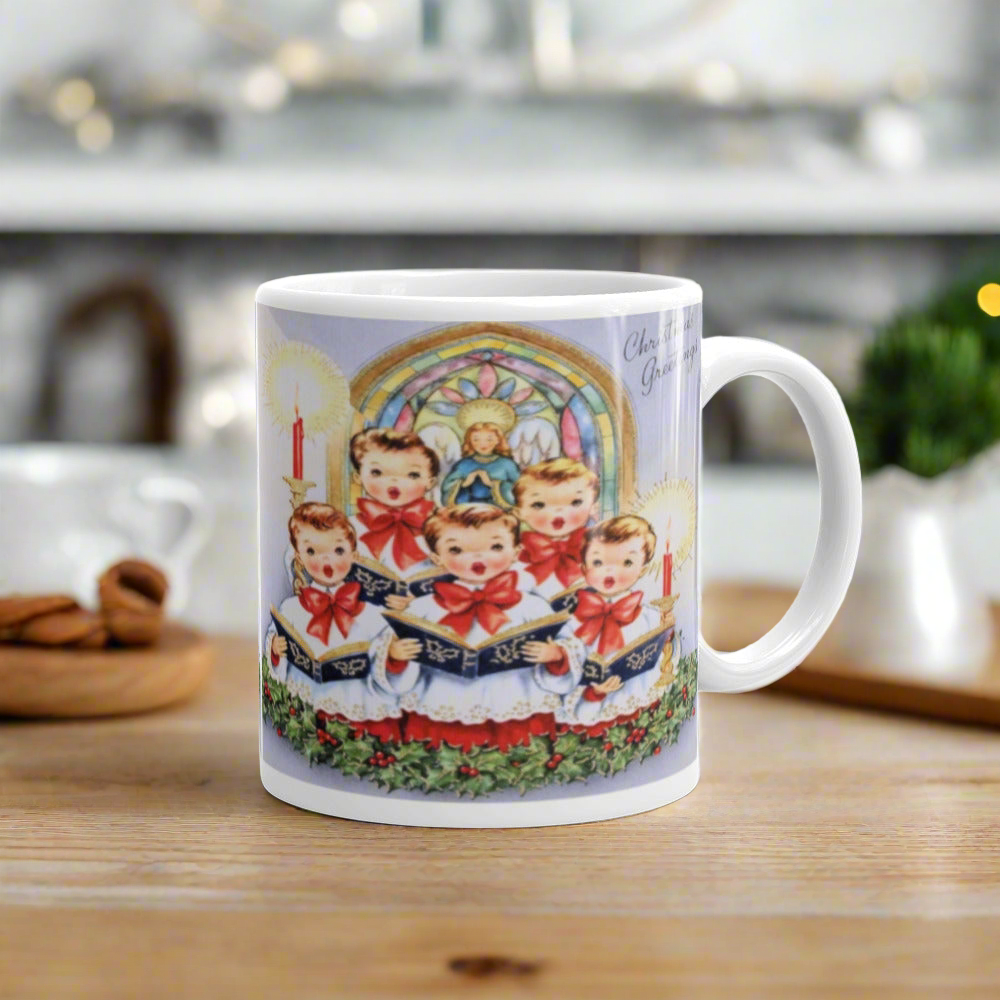 Christmas Greetings Children's Choir Of Carolers Mid Century Retro Christmas Coffee Mug