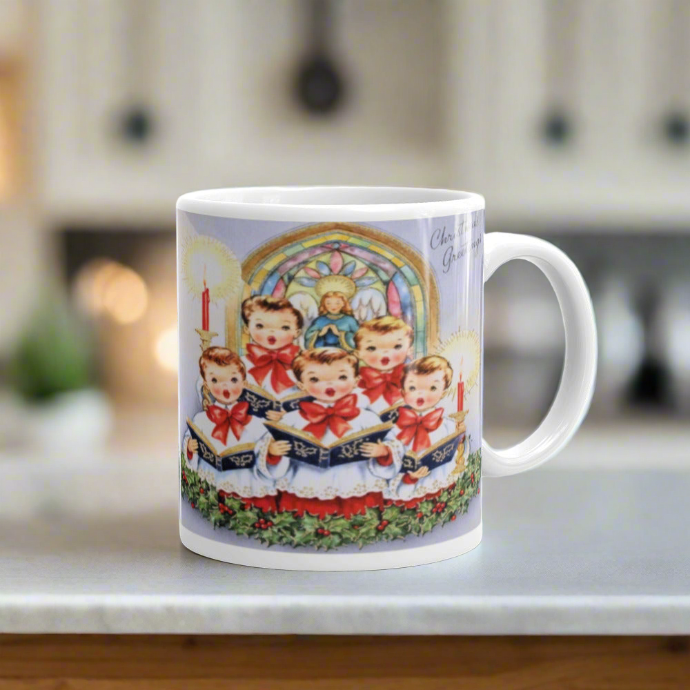 Christmas Greetings Children's Choir Of Carolers Mid Century Retro Christmas Coffee Mug