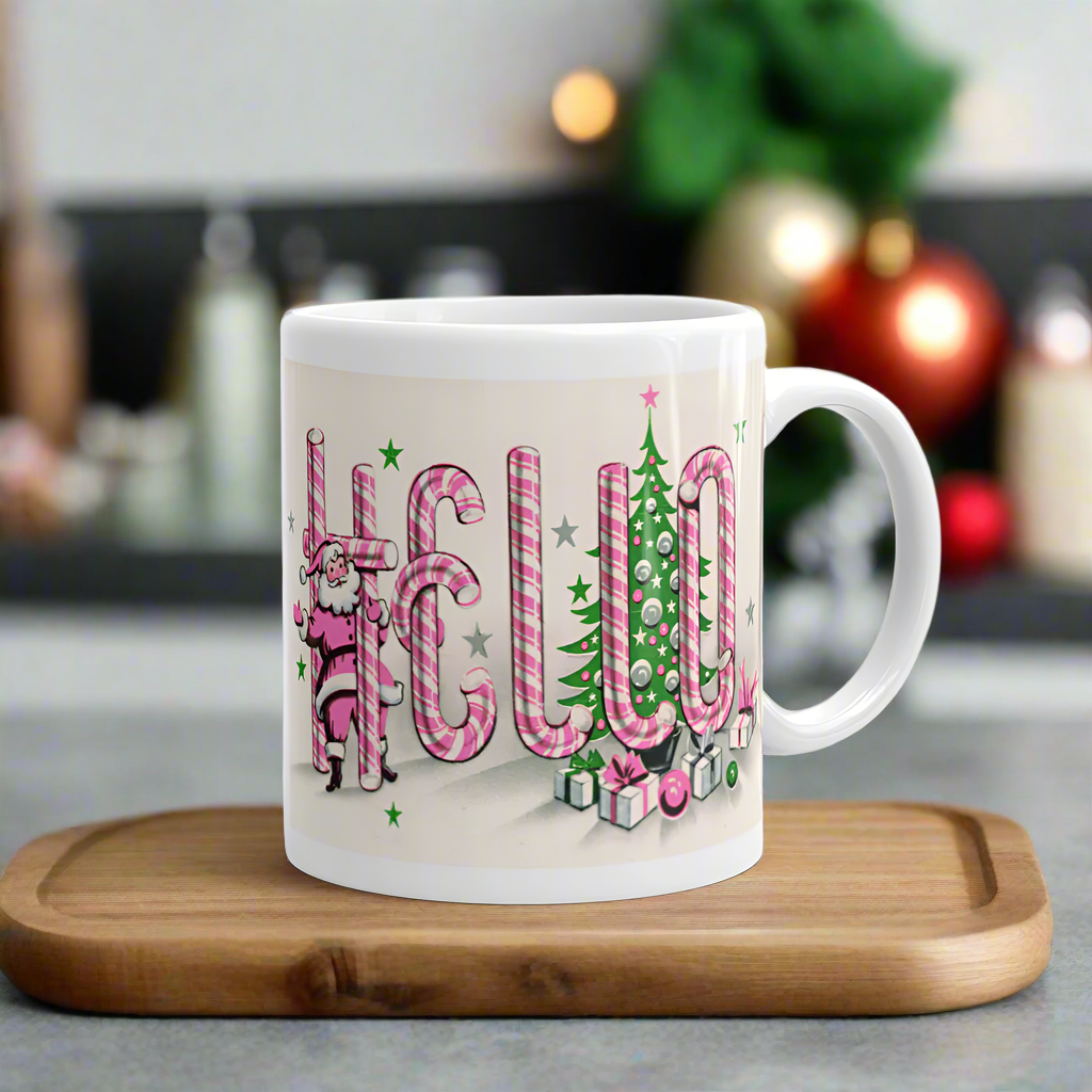 Hello Santa Midcentury Retro Pink Christmas Glossy Coffee Mug