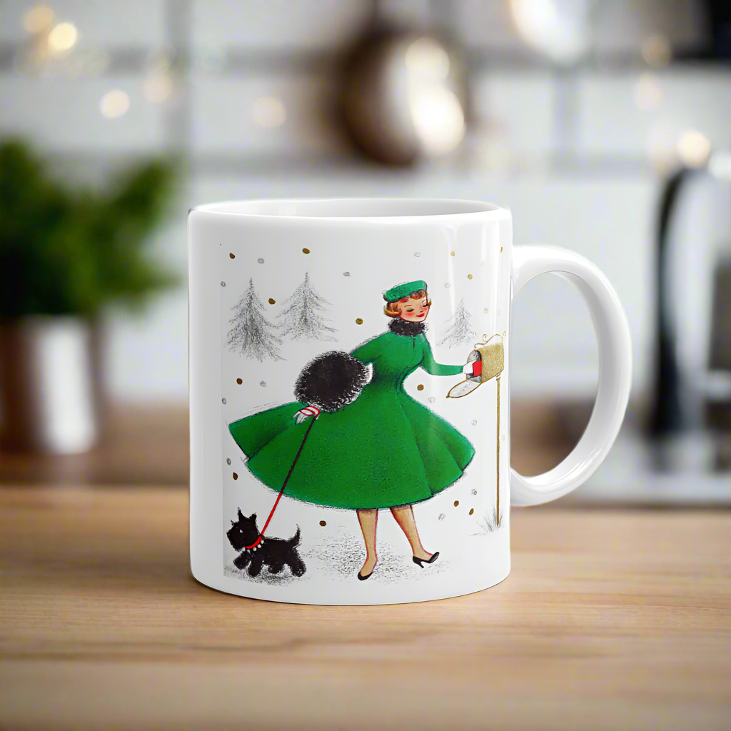 Christmas Lady With Black Scottie Dog At Mailbox Mid Century Retro Christmas Print Glossy Mug