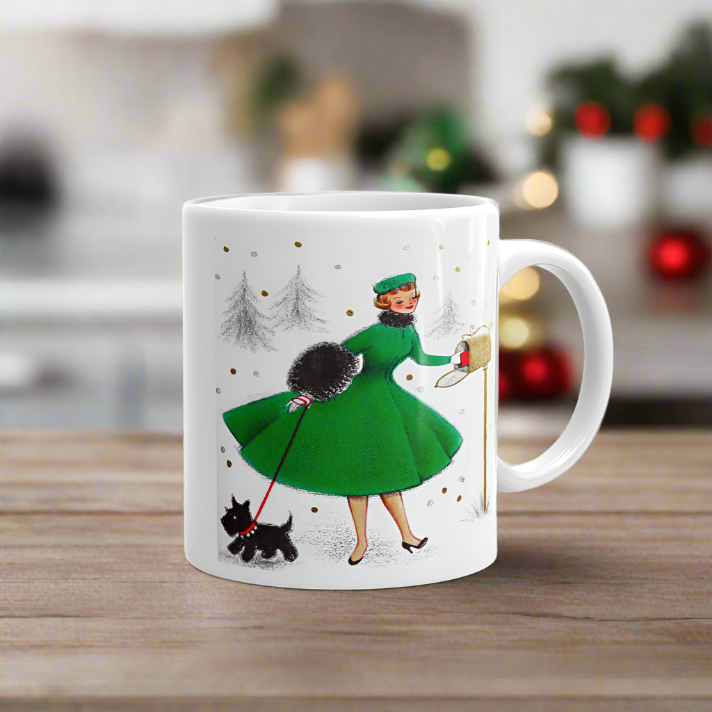 Christmas Lady With Black Scottie Dog At Mailbox Mid Century Retro Christmas Print Glossy Mug