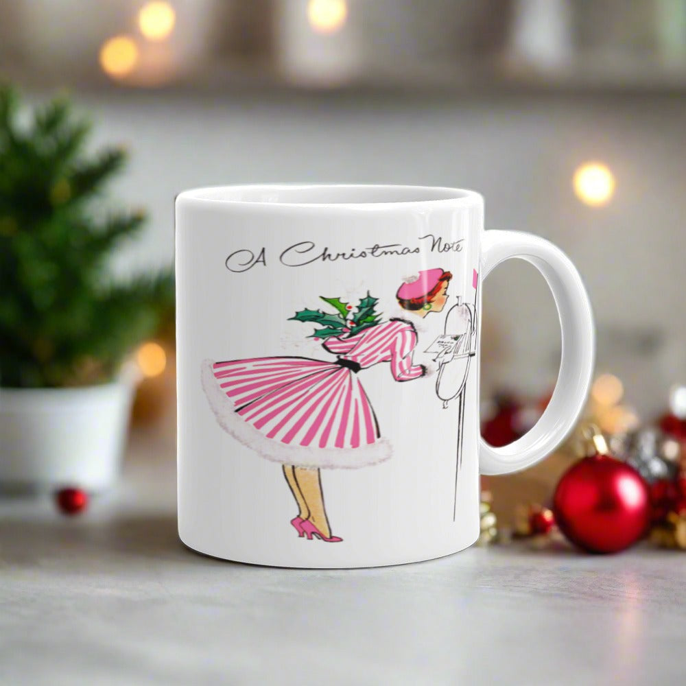 A Christmas Note Lady At Mailbox Retro Christmas Print Glossy Coffee Mug