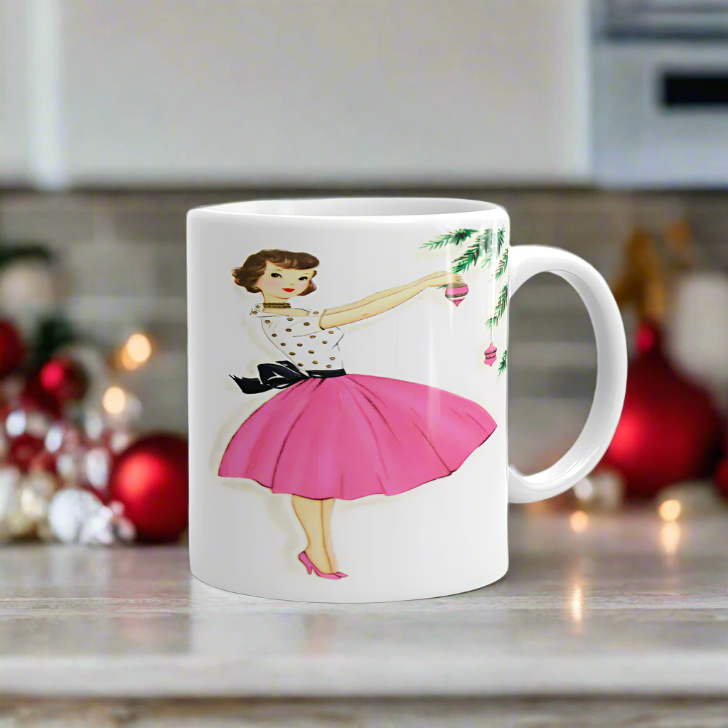 Christmas Lady Decorating Tree Pink Mid Century Retro Christmas Print Glossy Mug