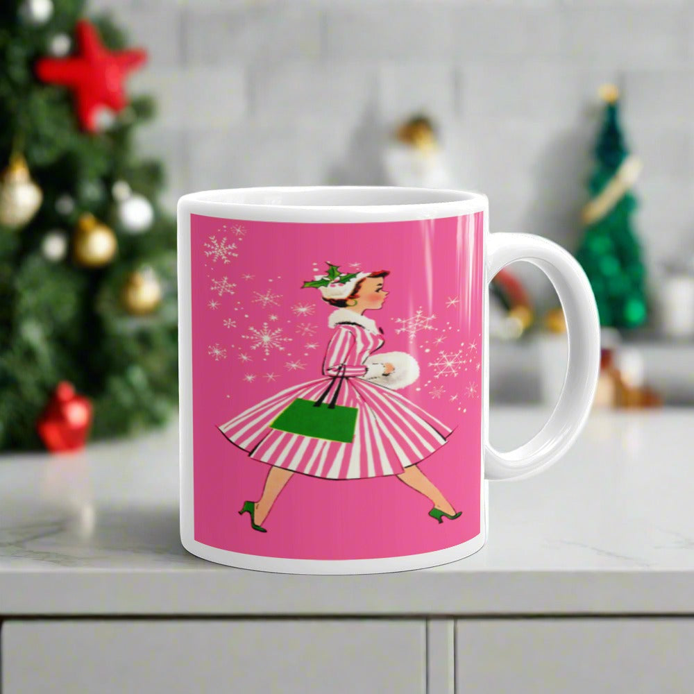 Pink Christmas Lady Mid Century Retro Christmas Print Glossy Mug