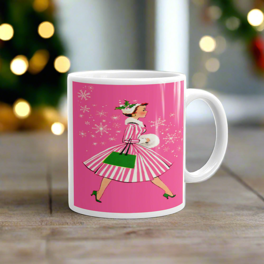 Pink Christmas Lady Mid Century Retro Christmas Print Glossy Mug