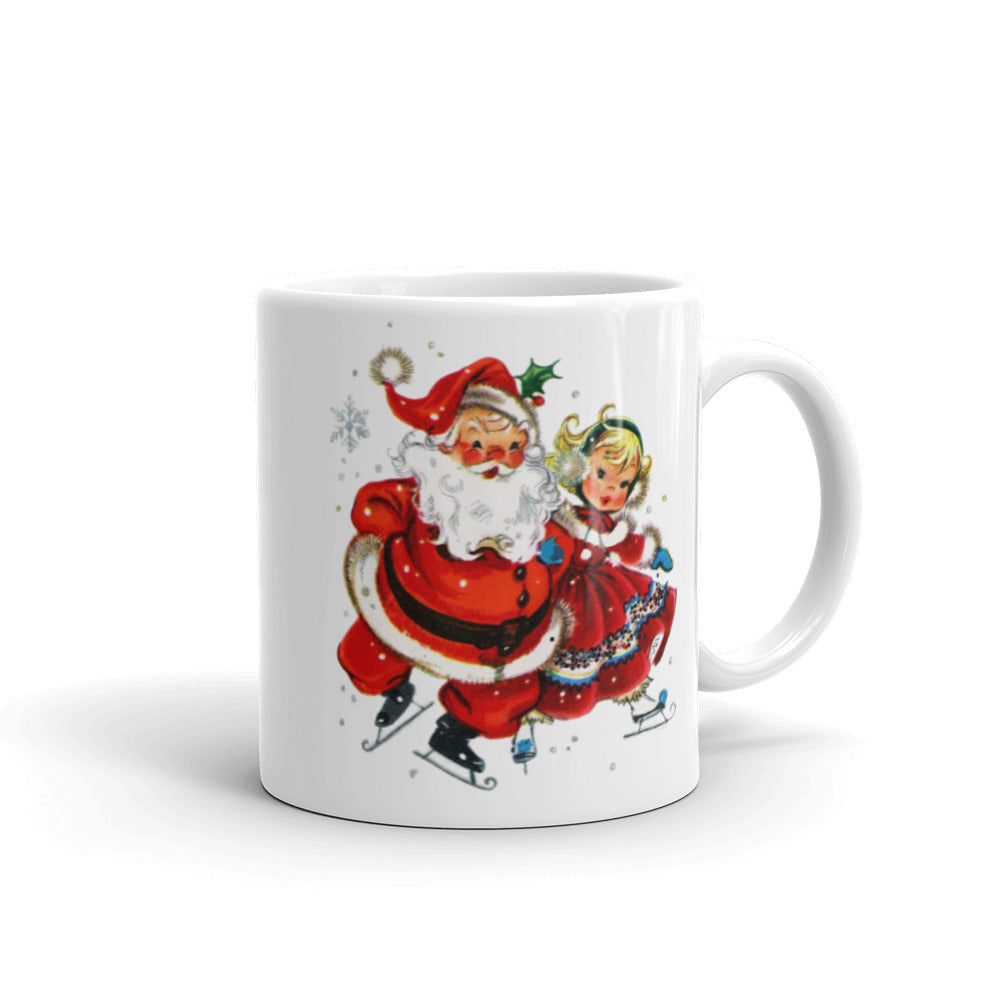 Santa Ice Skating With Girl Mid Century Retro Christmas Print Glossy Mug