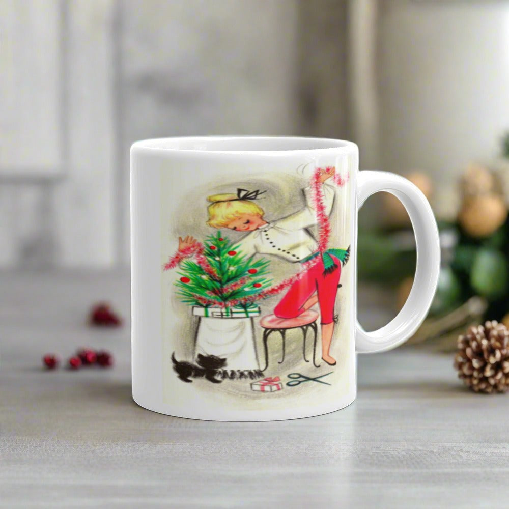Christmas Lady And Dog Decorating Tree Retro Christmas Glossy Coffee Mug