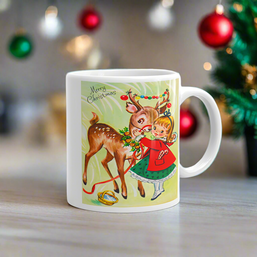 Girl With Reindeer Midcentury Retro Christmas Glossy Coffee Mug