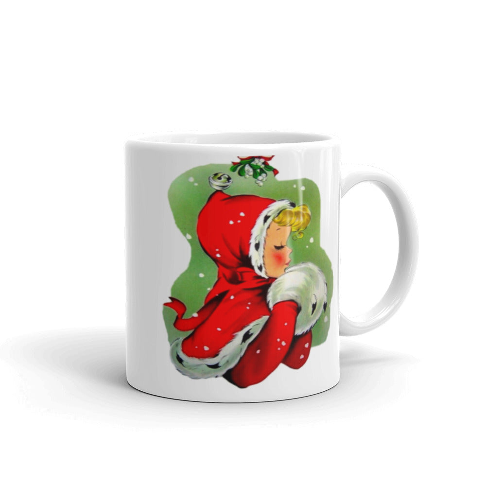 Woman Under Mistletoe Mid Century Retro Christmas Print Glossy Mug