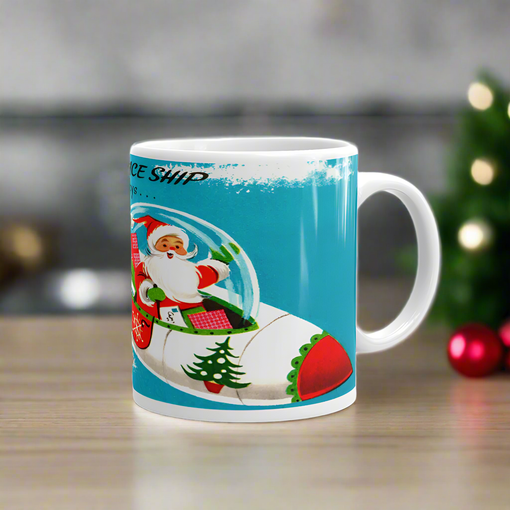Santa Spaceship Rocket Midcentury Retro Christmas Glossy Coffee Mug