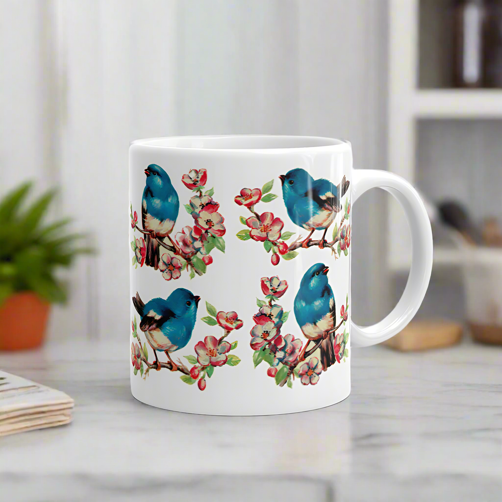 Vintage Style Retro Spring Bluebirds Glossy Coffee Mug