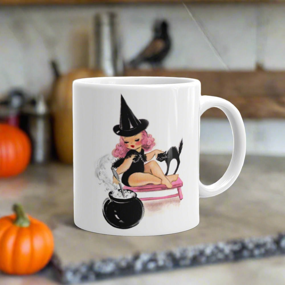 Pink Witch With Black Cat And Caulderon Halloween Retro Print Glossy Mug