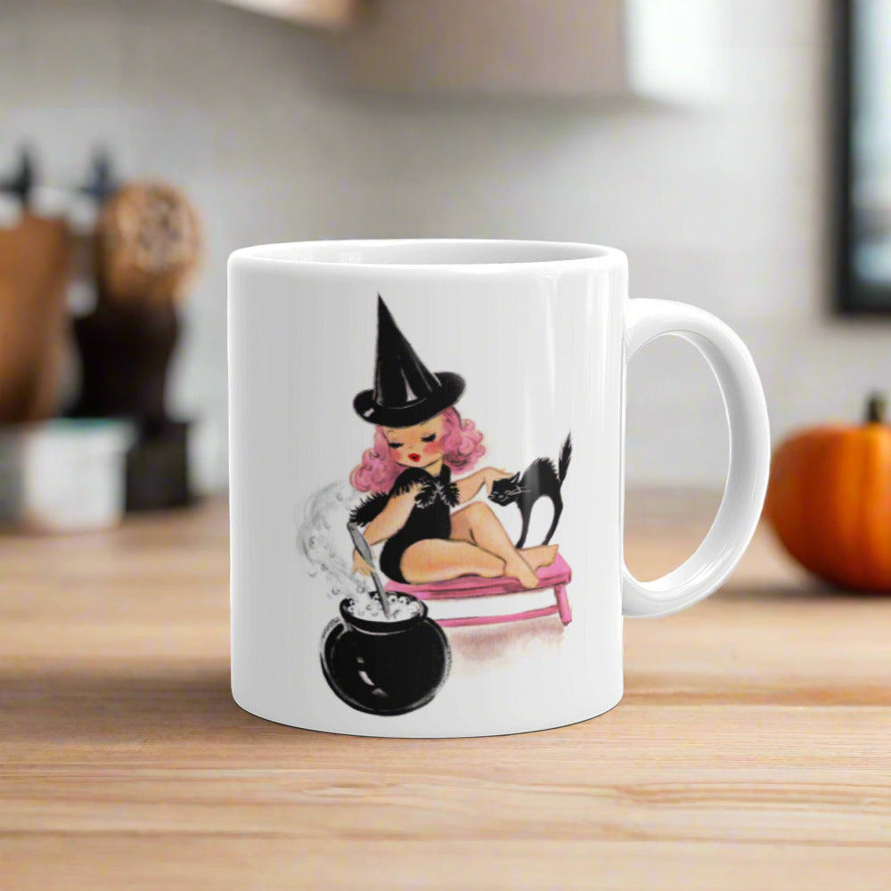 Pink Witch With Black Cat And Caulderon Halloween Retro Print Glossy Mug