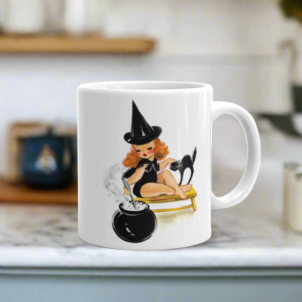 Orange Witch Black Cat Retro Halloween Print Mug