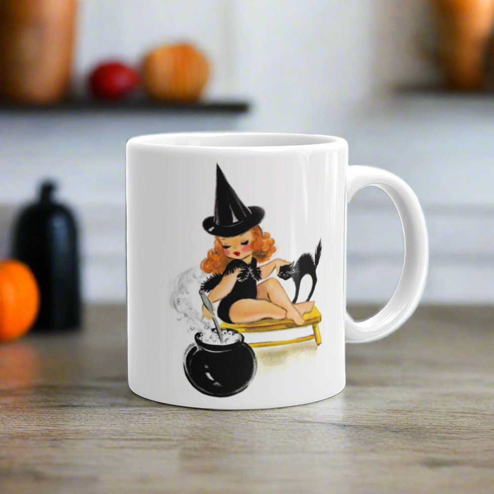 Orange Witch Black Cat Retro Halloween Print Mug