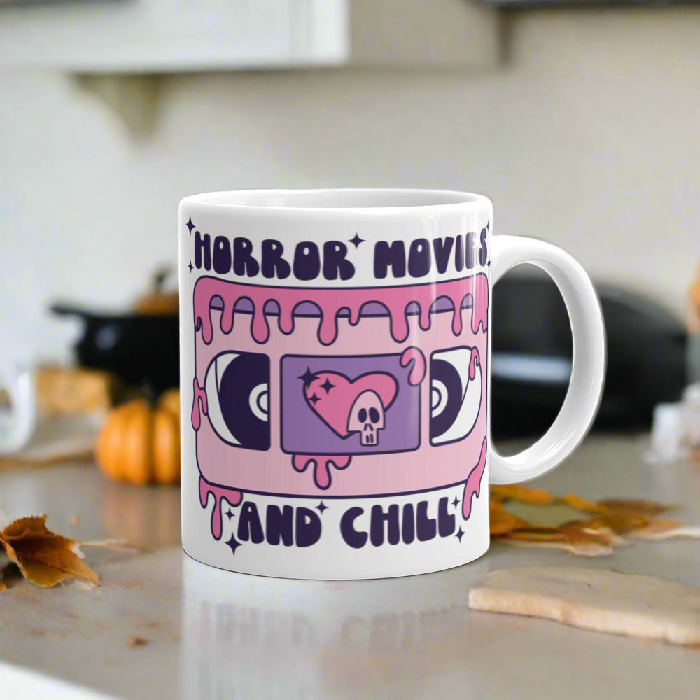 Horror Movies And Chill Distressed Retro Style Halloween Print Glossy Mug