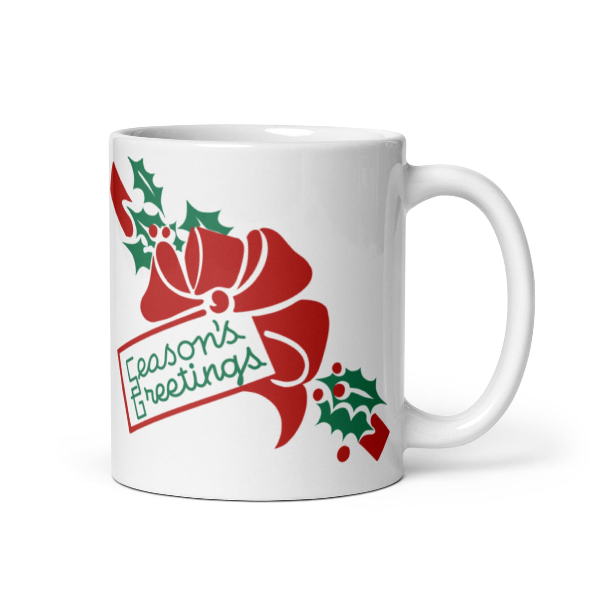 Season's Greetings Bow And Holly Mid Century Retro Christmas Print Glossy Mug