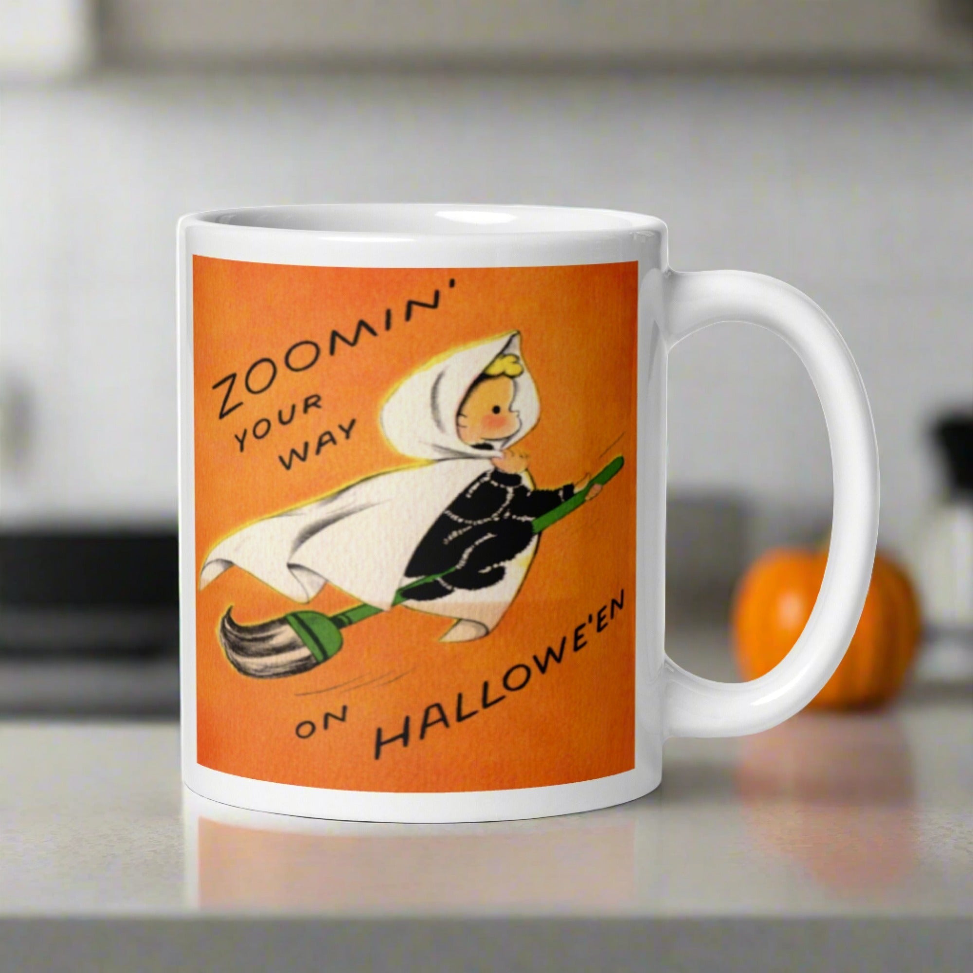 Zoomin' Your Way On Halloween Little Witch Retro Halloween Print Glossy Mug