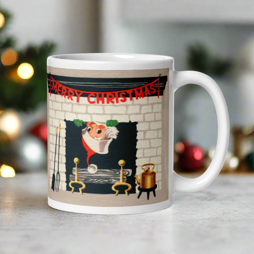 Merry Christmas Santa In Fireplace Midcentury Retro Glossy Coffee Mug