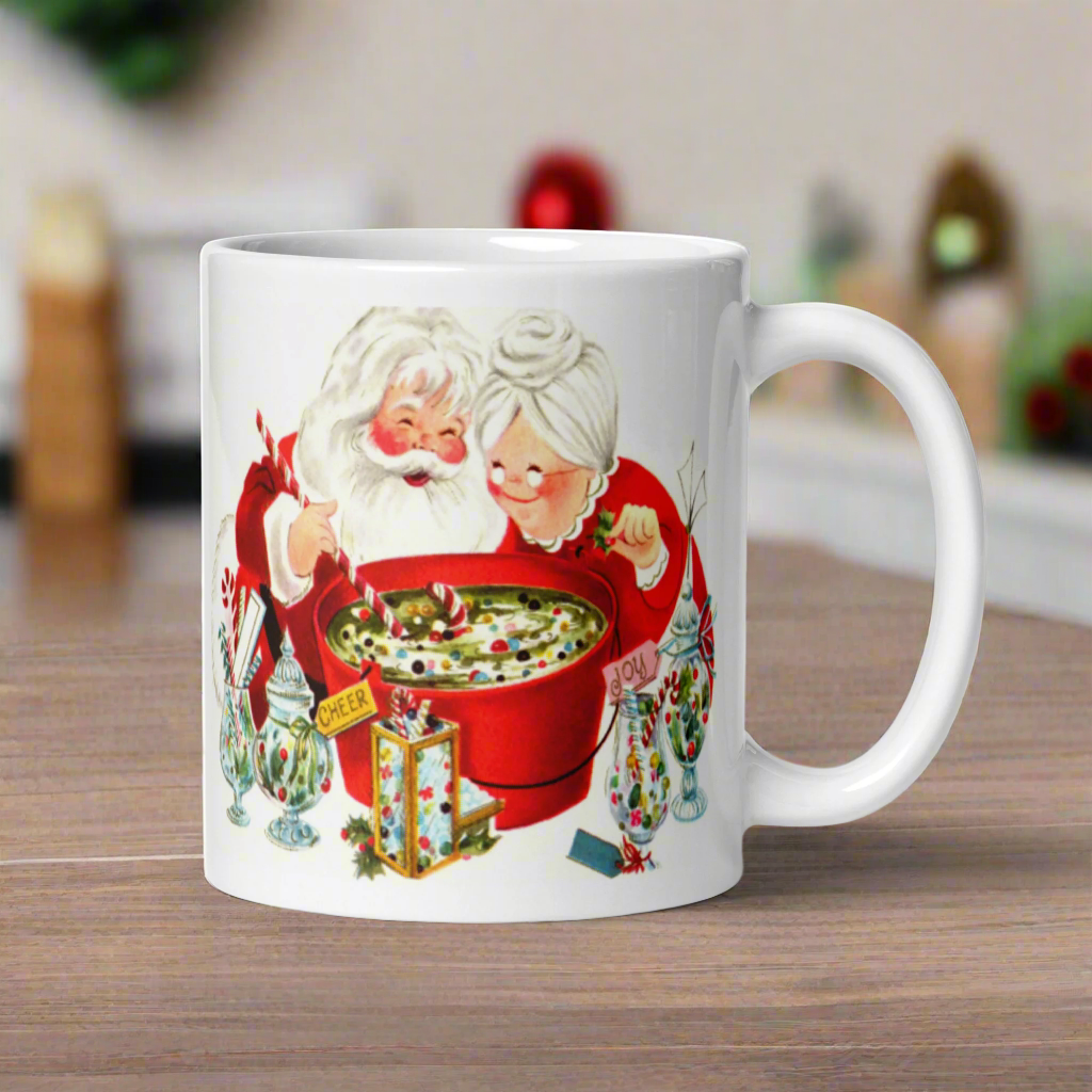 Santa And Mrs Claus Making Christmas Cheer Mid Century Retro Christmas Print Glossy Mug