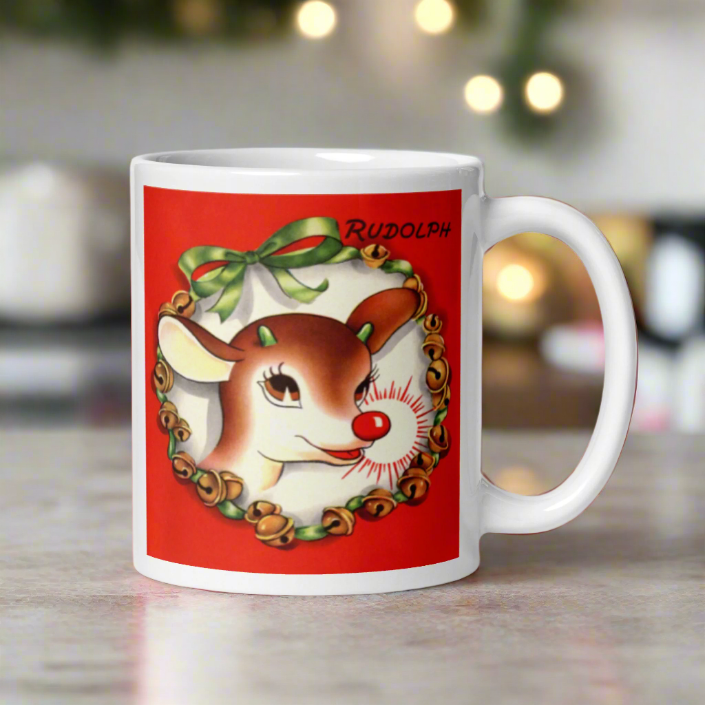 Rudolph The Red Nosed Reindeer Midcentury Retro Christmas Glossy Coffee Mug
