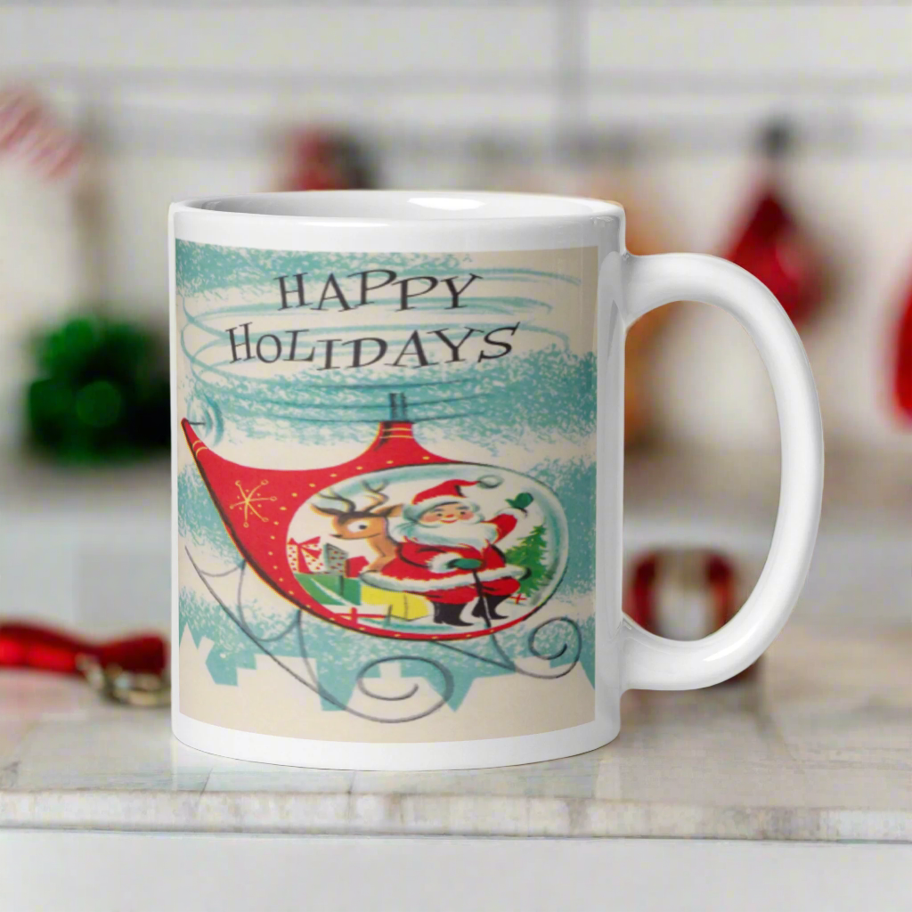 Happy Holidays Santa In Helicopter Mid Century Retro Christmas Print Glossy Mug