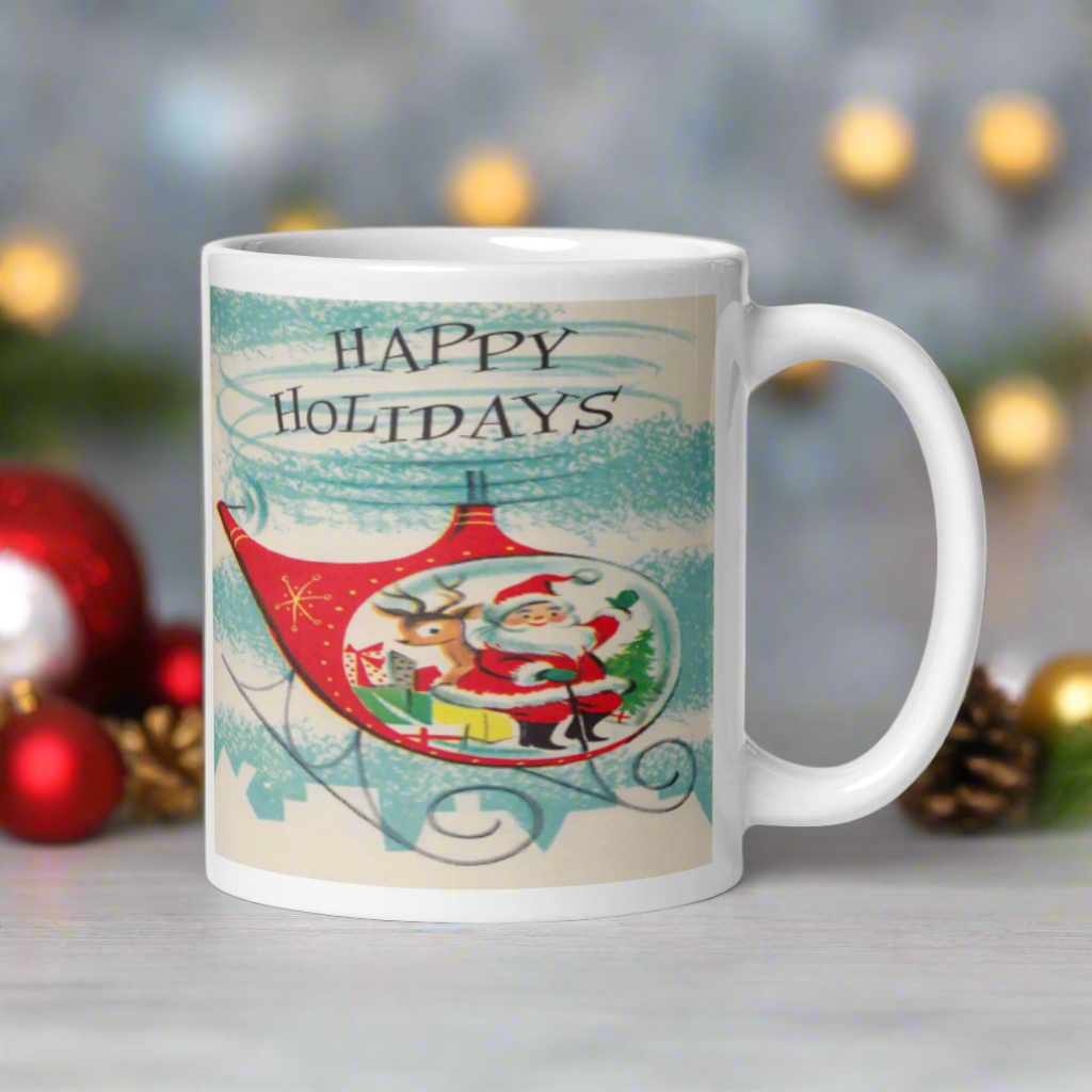 Happy Holidays Santa In Helicopter Mid Century Retro Christmas Print Glossy Mug