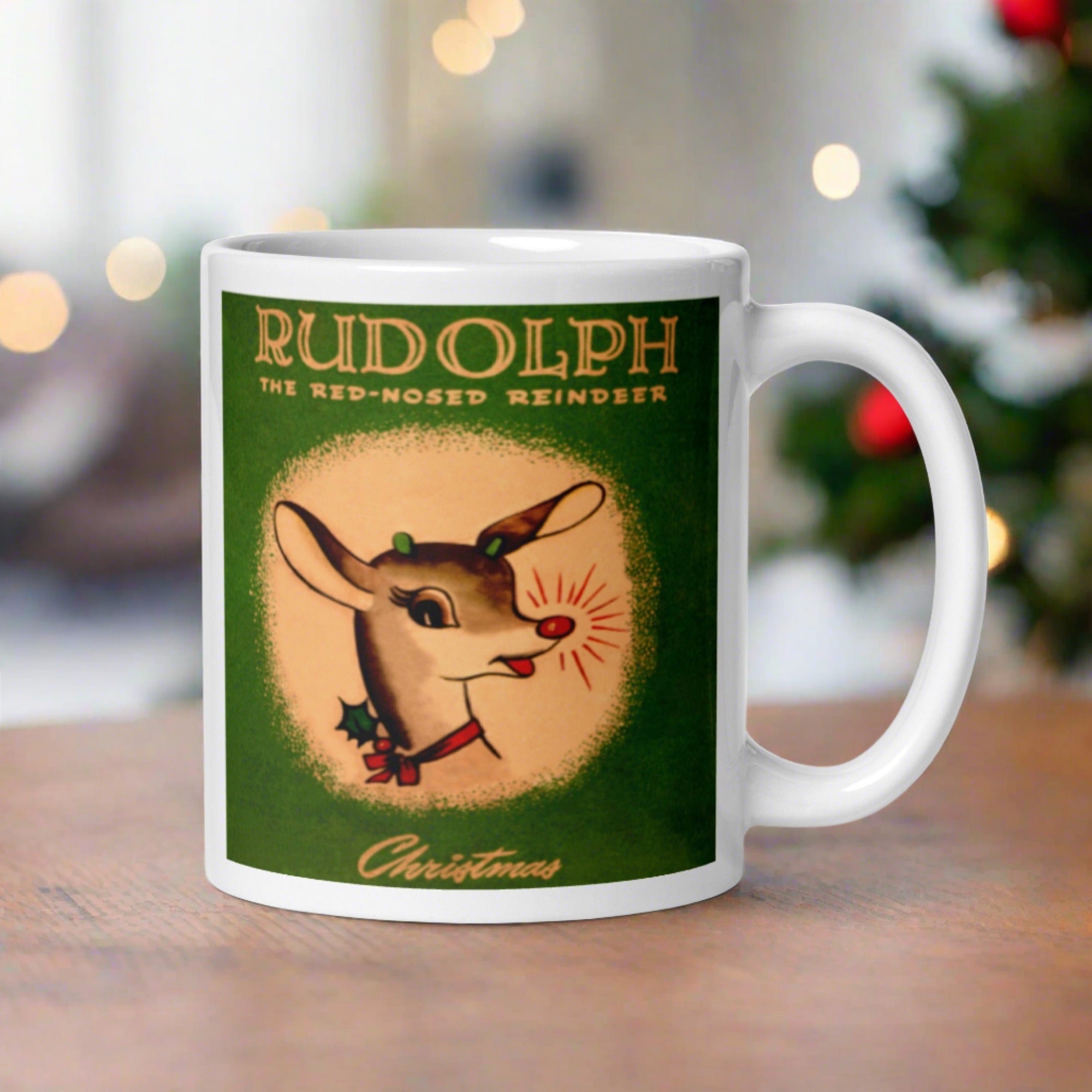 Rudolph The Red Nosed Reindeer Christmas Mid Century Retro Christmas Print Glossy Mug