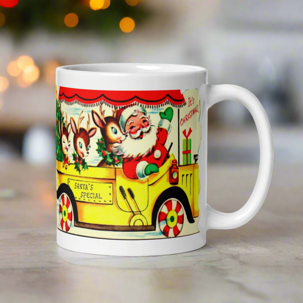 Santa And Reindeer In Bus Mid Century Retro Christmas Print Glossy Mug
