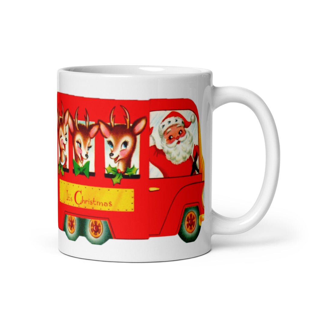 It’s Christmas Santa Reindeer Bus Mid Century Retro Christmas Print Glossy Mug