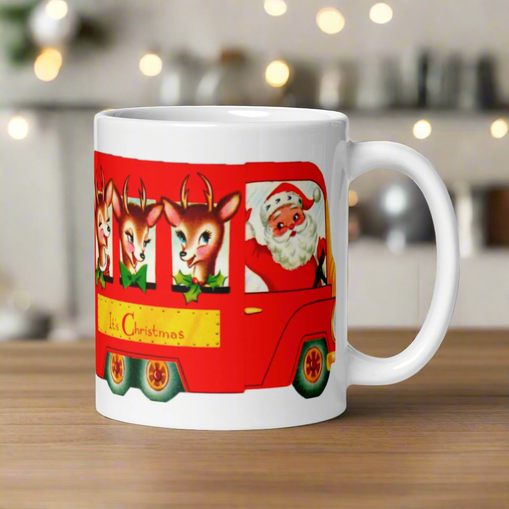 It’s Christmas Santa Reindeer Bus Mid Century Retro Christmas Print Glossy Mug