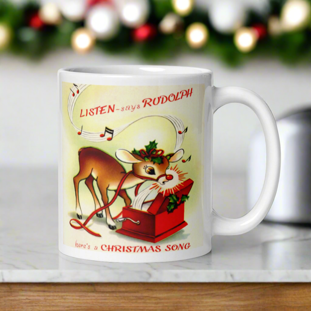 Listen Says Rudolph Here's A Christmas Song Mid Century Retro Glossy Coffee Mug