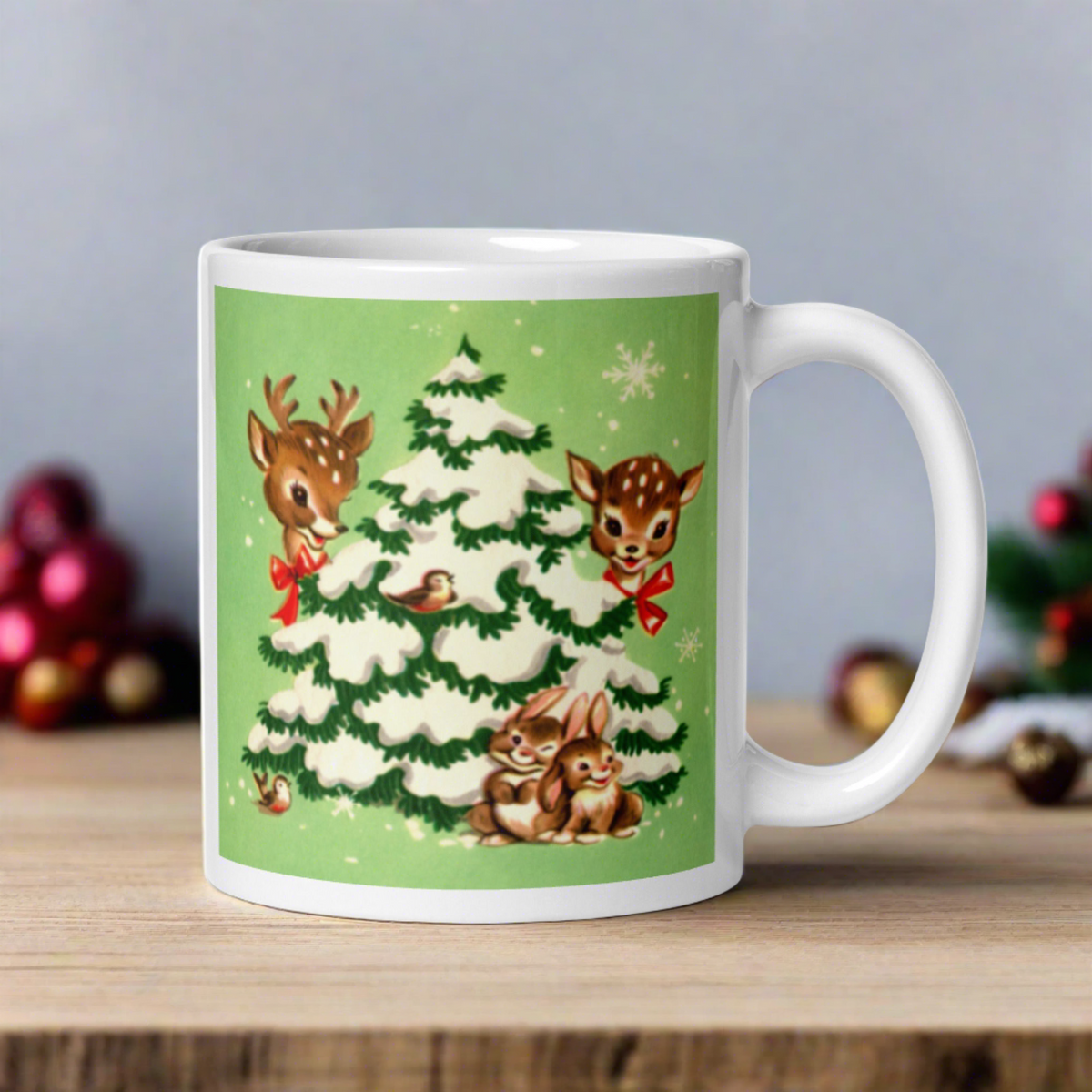 Reindeer In Snowy Tree With Bunnies And Birds Green Mid Century Retro Christmas Print Glossy Mug