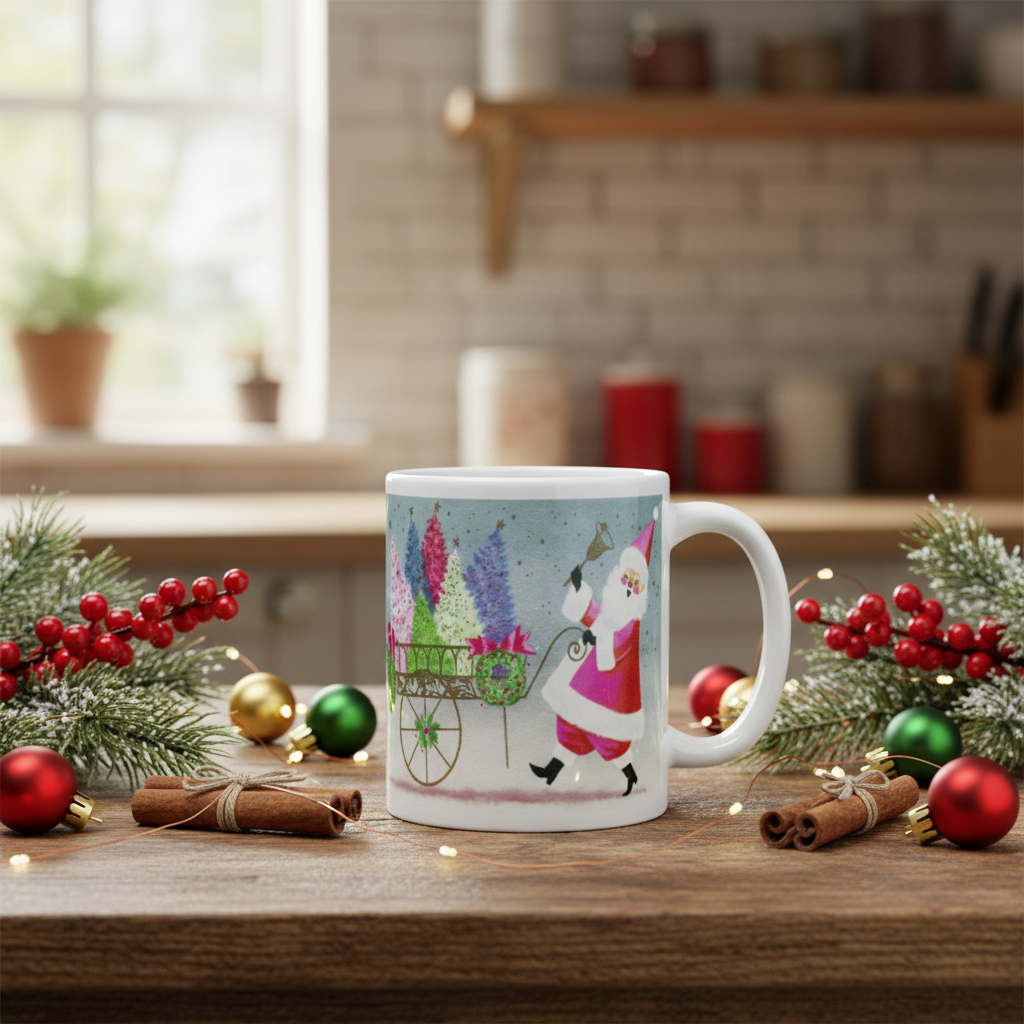 Santa Ringing Bell Mid Century Retro Christmas Print Glossy Mug